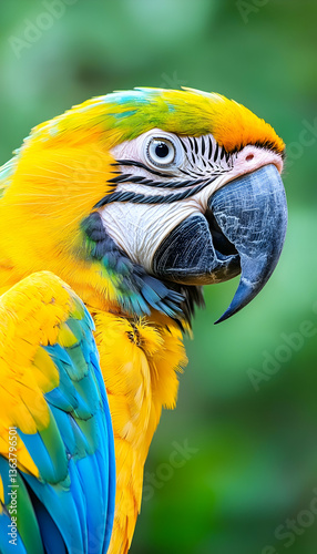 Vibrant blue and gold macaw portrait against blurred green background
