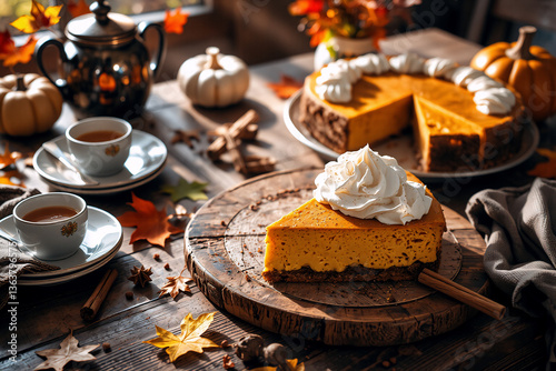 Warm autumn scene with pumpkin pie slice topped with cream, whole pie, tea, pumpkins, and fall leaves on a rustic wooden table.