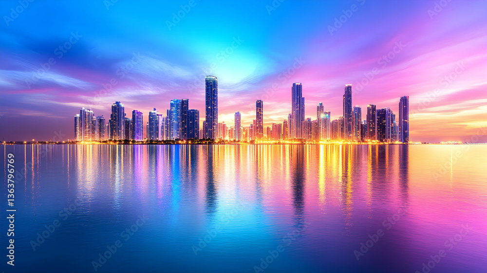 Obraz premium Vibrant cityscape skyline reflected in calm water at sunset