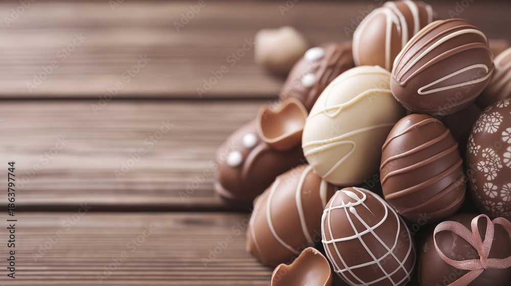 Fototapeta premium Delicious Assortment of Milk and Dark Chocolate Easter Eggs on Wooden Background
