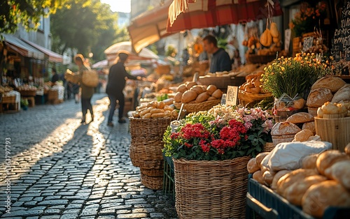 Warm Sunlight on a Cobblestone Street Market with Bread and Flower Displays