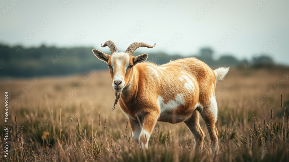 Goat grazing peacefully in a serene meadow under overcast sky Goat grazing peacefully in a serene meadow under overcast sky