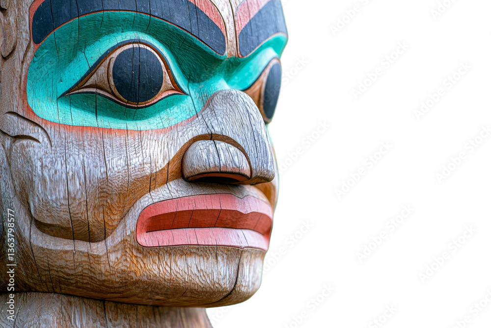 Wooden sculpture of a man with a blue and green face Wooden sculpture of a man with a blue and green face