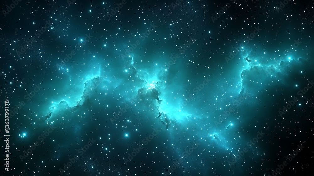 Fototapeta premium Teal nebula in deep space with bright stars.