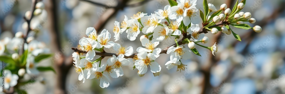 Blooming cherry tree branches with delicate white flowers in a sunny spring setting Blooming cherry tree branches with delicate white flowers in a sunny spring setting