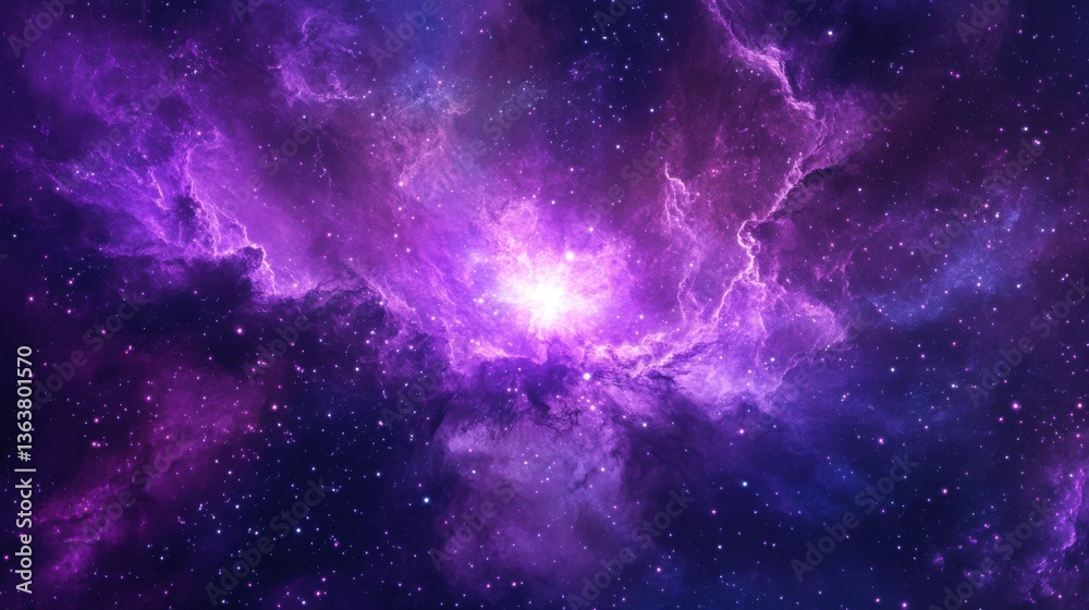 Naklejka premium Vibrant purple nebula with a bright glowing center and scattered stars, cosmic space art, deep violet tones.