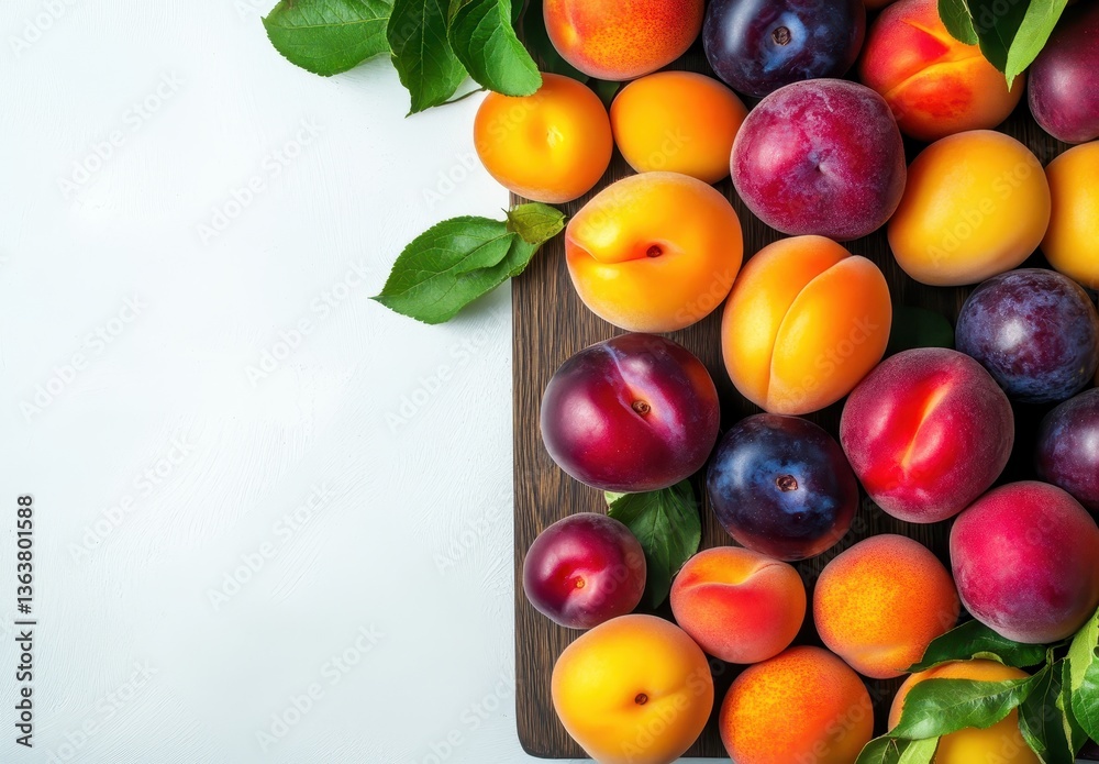 Fresh and Vibrant Assortment of Juicy Summer Fruits Including Peaches, Plums and Apricots Arranged with Green Leaves on a Wooden Cutting Board Fresh and Vibrant Assortment of Juicy Summer Fruits Including Peaches, Plums and Apricots Arranged with Green Leaves on a Wooden Cutting Board