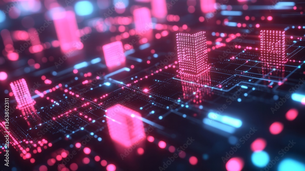 Obraz premium Abstract technological landscape glows with pink and blue networked lights