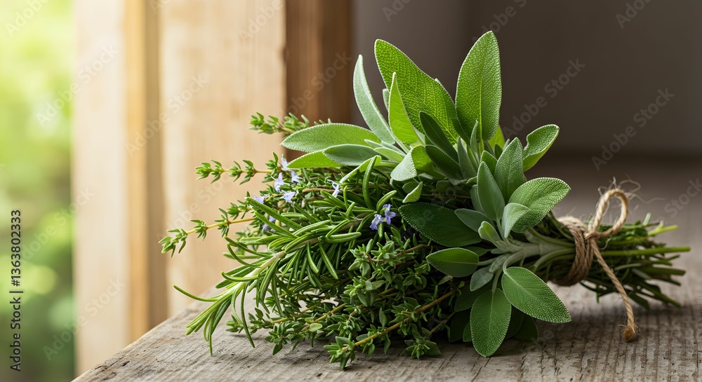 Obraz premium Fresh Herbs Bouquet on Wooden Surface