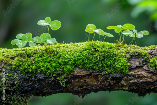 A close up of a moss covered log with a bunch of small plants