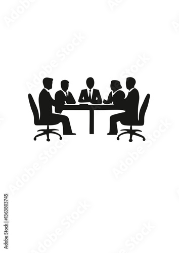 Business conference icon with six men discussing around a table in black and white on a white background