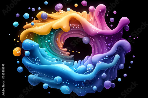 Vibrant, swirling liquid forms create a colorful, abstract ring against a black background