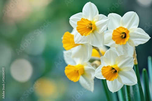 Close-up of white and yellow daffodils in soft focus background  