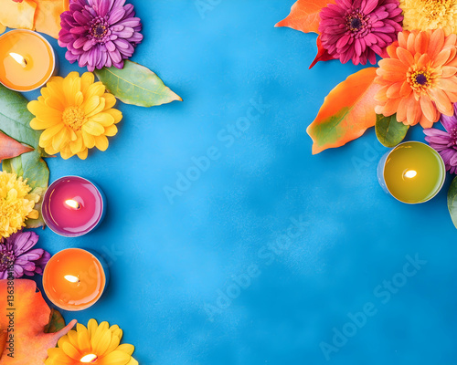 Vibrant autumn flowers, leaves, and candles on a blue background