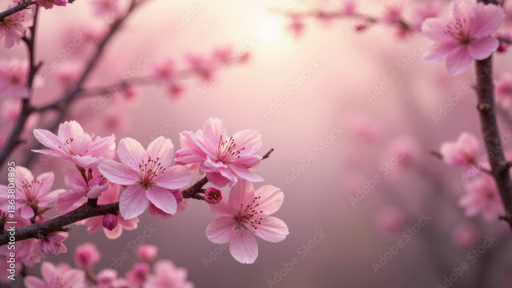 Blossoming cherry flowers create serene atmosphere, showcasing delicate pink petals against soft, dreamy background Blossoming cherry flowers create serene atmosphere, showcasing delicate pink petals against soft, dreamy background