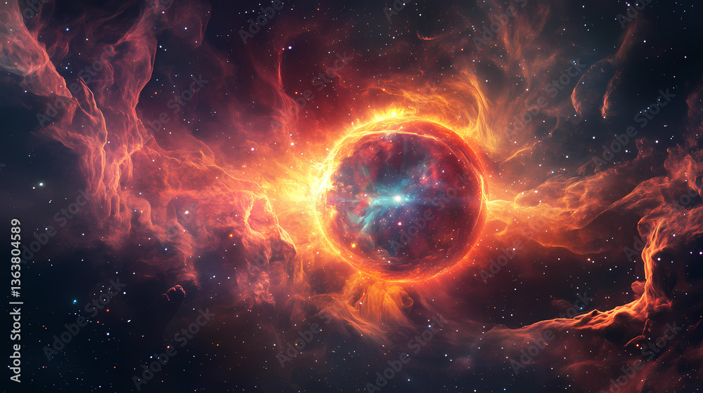 Obraz premium Radiant neutron star cocooned in shimmering ethereal waves drifting through cosmic void. Nebula Cocoon. Illustration
