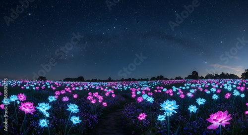 A fantasy-inspired glowing flower garden with bioluminescent petals under a starry sky