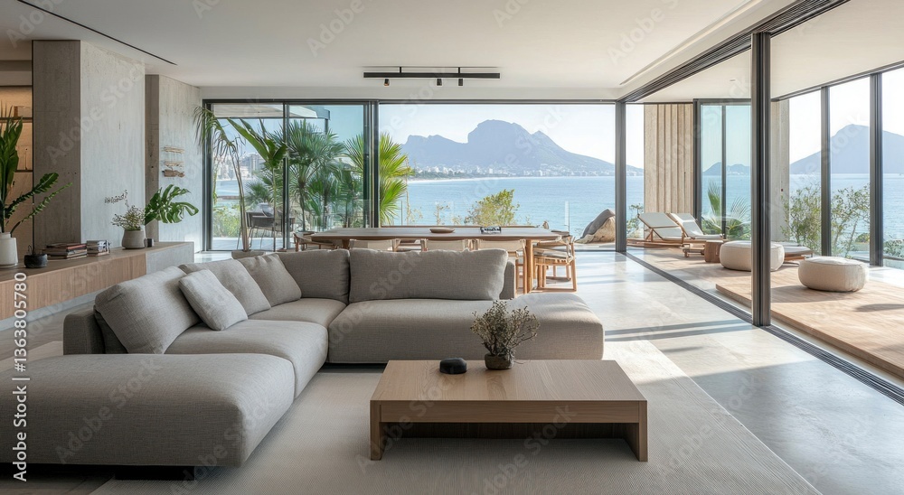 Fototapeta premium Luxury living room with panoramic ocean views is stunning