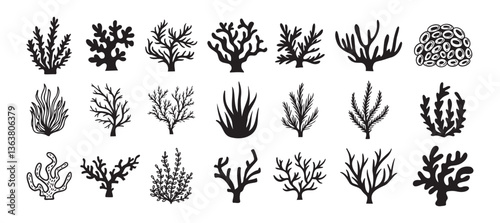 Coral silhouettes, seaweed black icon. Abstract organic corals shape, underwater plant, sea doodle. Cartoon marine floral isolated set 
