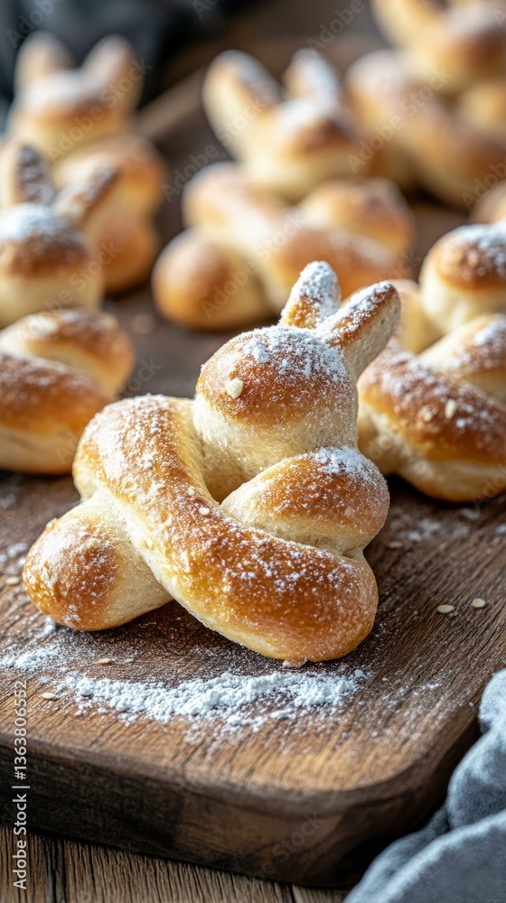 Easter bunny-shaped osterbrezel with powdered sugar on wooden board, traditional German spring pastry Easter bunny-shaped osterbrezel with powdered sugar on wooden board, traditional German spring pastry