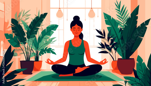 Mindful individual practicing meditation in plant-filled sanctuary. Soft light and clean lines create peaceful flat vector illustration. Perfect for wellness-related designs on white background.