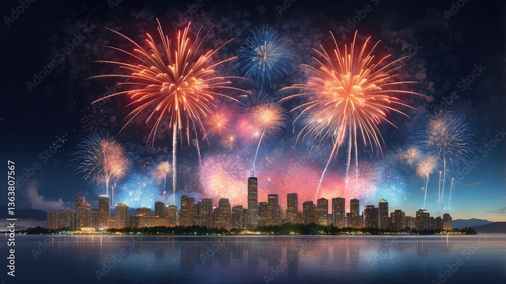 Fototapeta premium A vibrant display of fireworks bursts against a dramatic sky,
