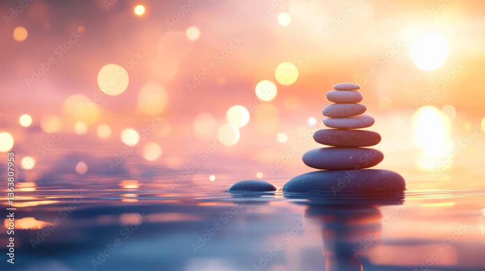 Obraz premium Serene sunset, stacked stones, calm water, bokeh background, peace