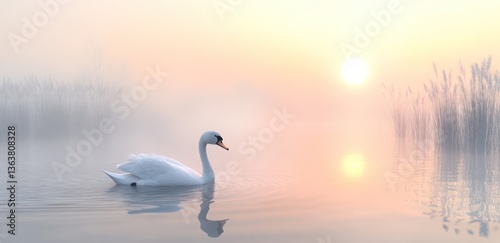Fototapeta Naklejka Na Ścianę i Meble -  Serene swan swims sunrise lake, misty reeds background. Peaceful nature scene