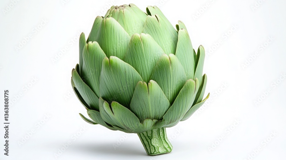 Fototapeta premium A single green globe artichoke resting upright