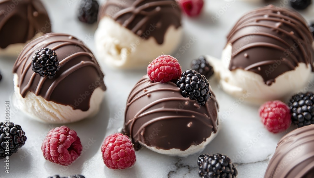 Chocolate Covered Ice Cream Bites with Berries on Marble Chocolate Covered Ice Cream Bites with Berries on Marble