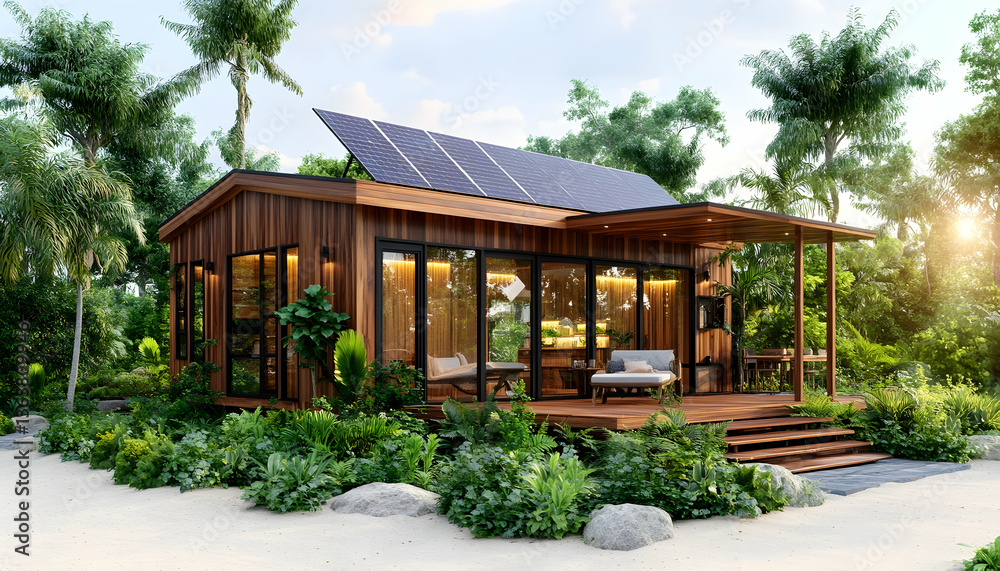 Modern, eco-friendly wooden house with solar panels, situated in a tropical setting Modern, eco-friendly wooden house with solar panels, situated in a tropical setting