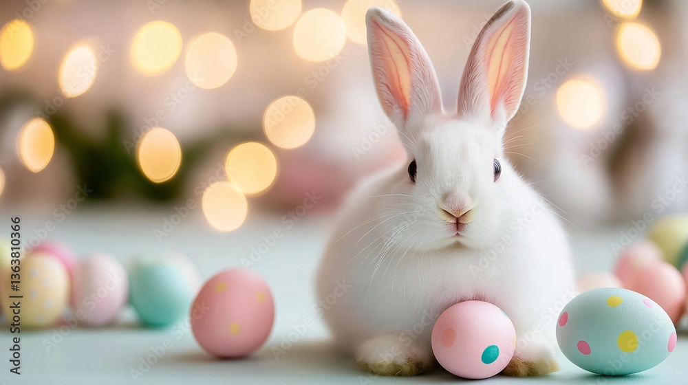 Fototapeta premium Adorable White Easter Bunny with Pastel Eggs and Festive Lights