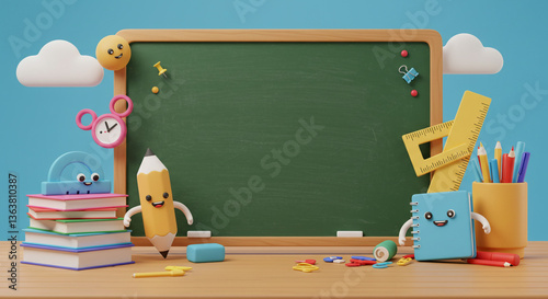 Happy school supplies cheerfully gather around a blank chalkboard ready for a new school year, full of playful charm and bright colors on a wooden desk.