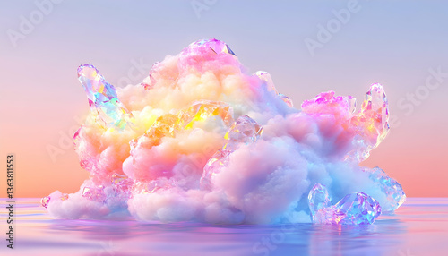 Pastel cloud formation with iridescent crystals reflecting on calm water