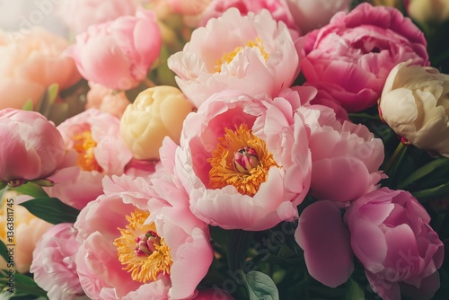 Beautiful Peonies Bouquet in Soft Pastel Colors  
