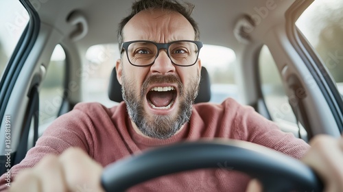 Angry Man Driving Car Frustrated Driver Road Rage Stress Close Up