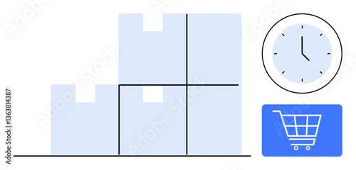 Stacked boxes represent goods storage, clock symbolizes time efficiency, shopping cart suggests e-commerce. Ideal for logistics, shipping, inventory, online shopping, business, delivery time