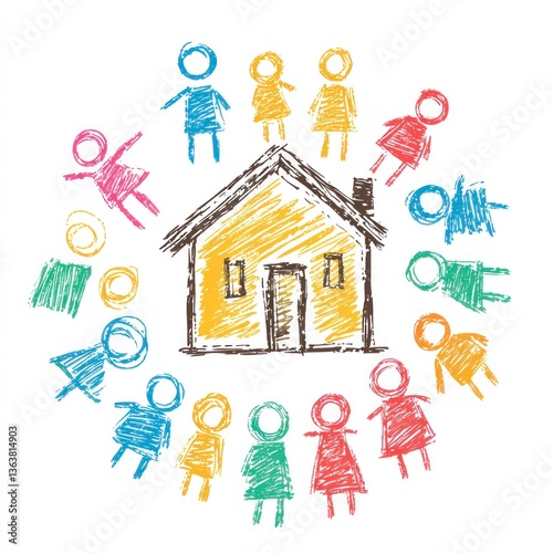 Children surrounding house; community, family, home, care, childhood, illustration, unity, support, togetherness; for adoption, foster care