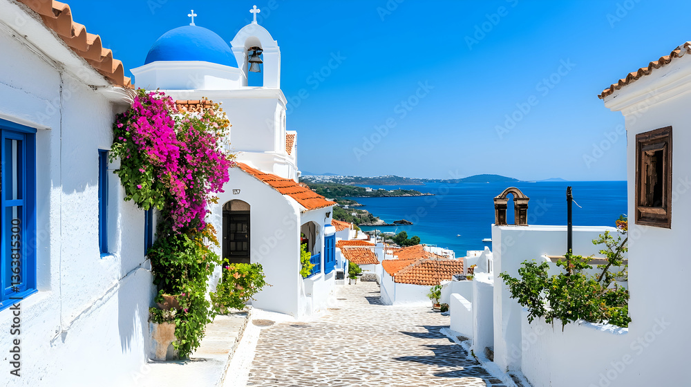 Naklejka premium Scenic cobblestone street, whitewashed buildings, blue-domed church, vibrant flowers, overlooking a tranquil sea