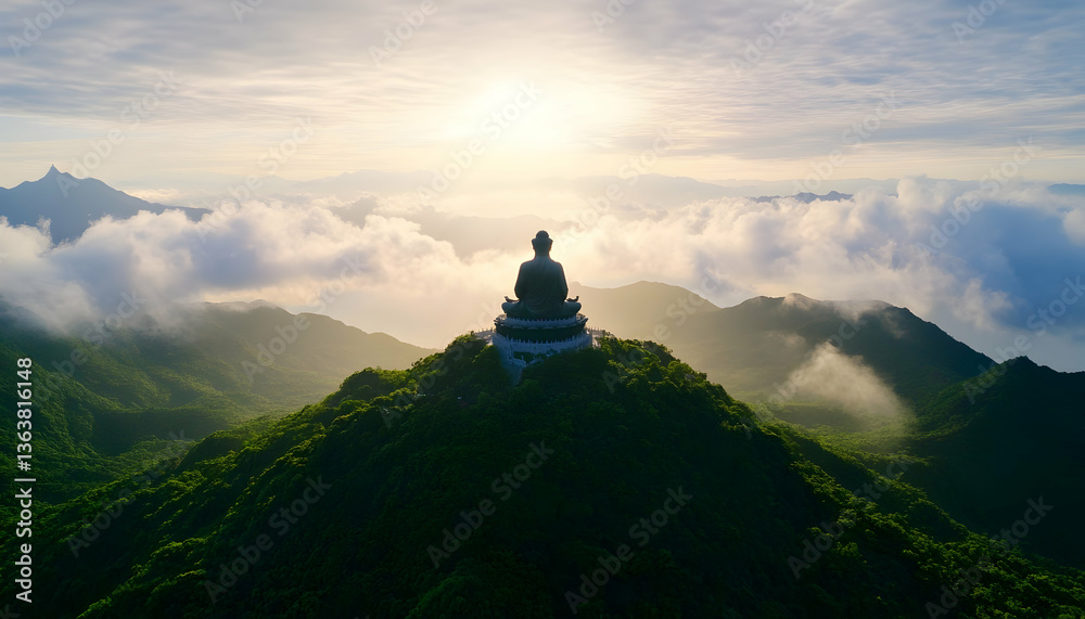 Serene sunrise view of a large Buddha statue atop a mountain, shrouded in mist Serene sunrise view of a large Buddha statue atop a mountain, shrouded in mist