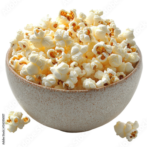 A bowl of freshly popped popcorn isolated on transparent background