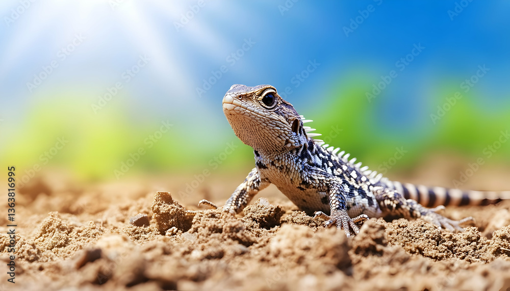 Small lizard basking in sunlight on dry soil Small lizard basking in sunlight on dry soil