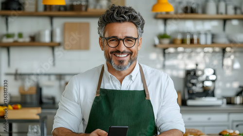 Smiling mature man in apron uses phone in cafe
