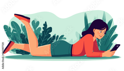 Casual girl lying on her back while using phone for social networks. Colorful flat vector art with clean lines. Isolated on white. Represents modern digital habits and youth culture.