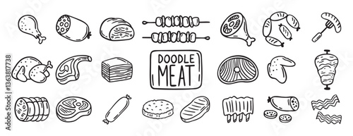 meat, pieces of meat and meat products doodle hand drawn icon set. Outline drawing meat products line clipart symbol collection
