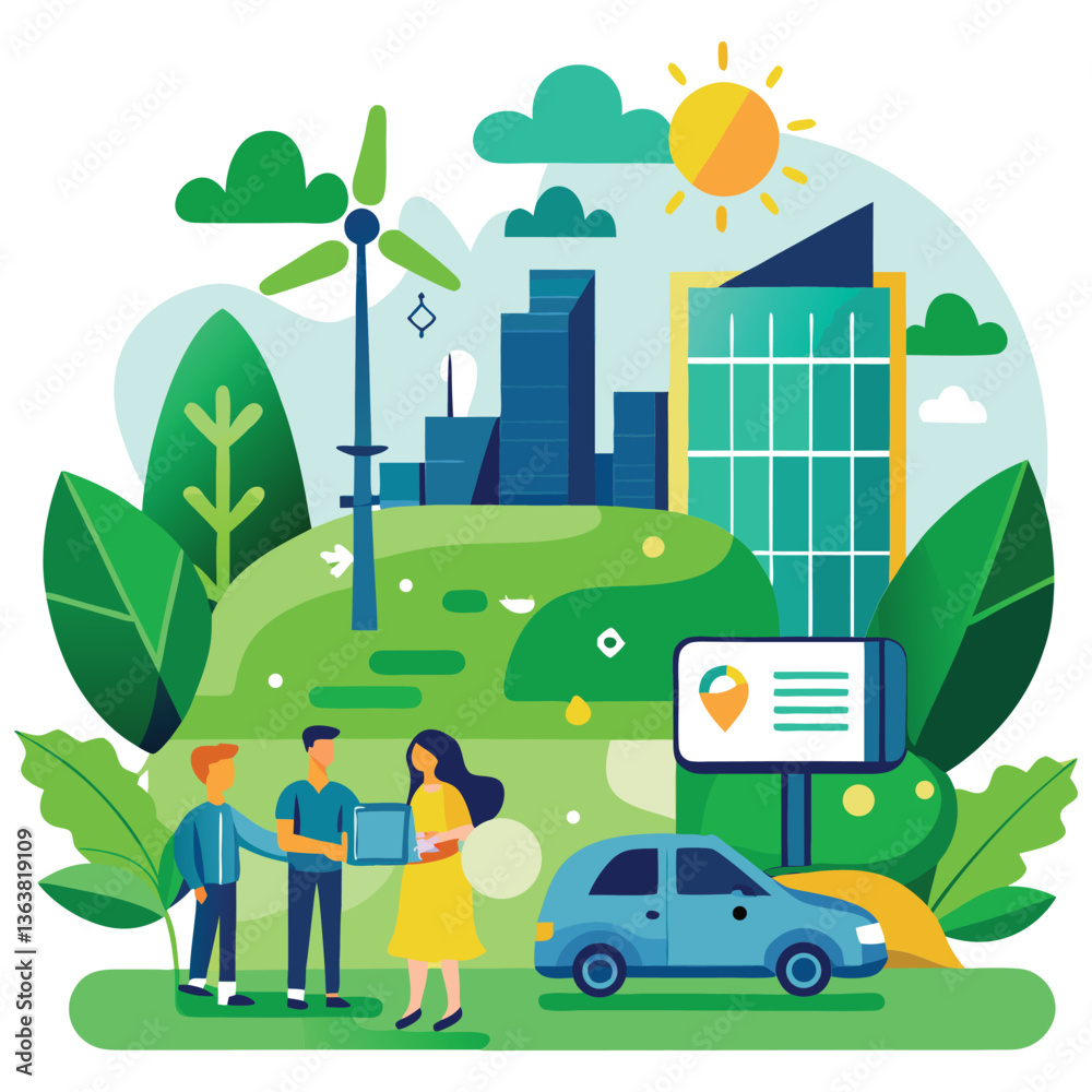 Eco-friendly green car driving through a vibrant city with buildings, trees, and clear skies, showcasing an urban landscape and nature harmony