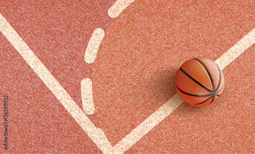 Basketball court and 3d basketball ball. Realistic textured surface, game equipment for sports, training, tournaments. Perfect for fitness, recreation, team sports. Detailed vector illustration
