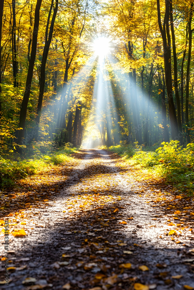 Obraz premium Sunbeams illuminate a path through a golden autumn forest