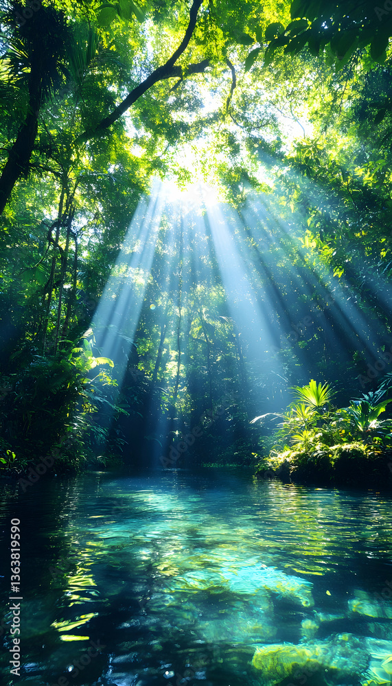 Fototapeta premium Sunbeams pierce lush canopy, illuminating tranquil, crystal-clear water
