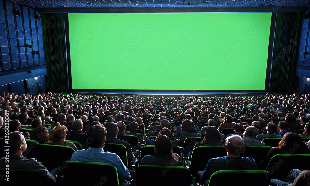 Large crowd in a movie theater with bright green screen. Audience watches intently, focused on the movie